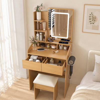 Coiffeuse avec miroir éclairé par DEL, prise électrique, support pour sèche-cheveux et tabouret, meuble de toilette compact pour petites chambres, en bois