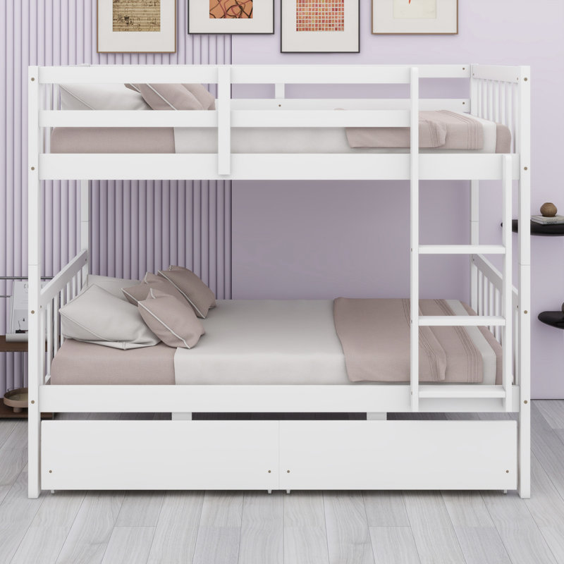 Lit superposé en bois avec 2 tiroirs, avec échelle et garde-corps, convertible en 2 lits, Blanc