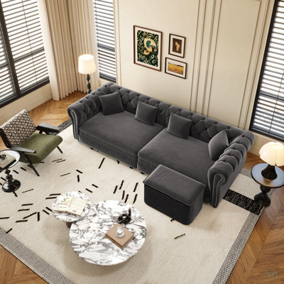 Chesterfield Sofa, 89 " W 3-in-1 Pull-Out Sofa Bed, Convertible Sleeper Sofa Bed, Sofa Bed, Chaise Lounge, Velvet 3-Seater Sofa with Movable Ottoman,