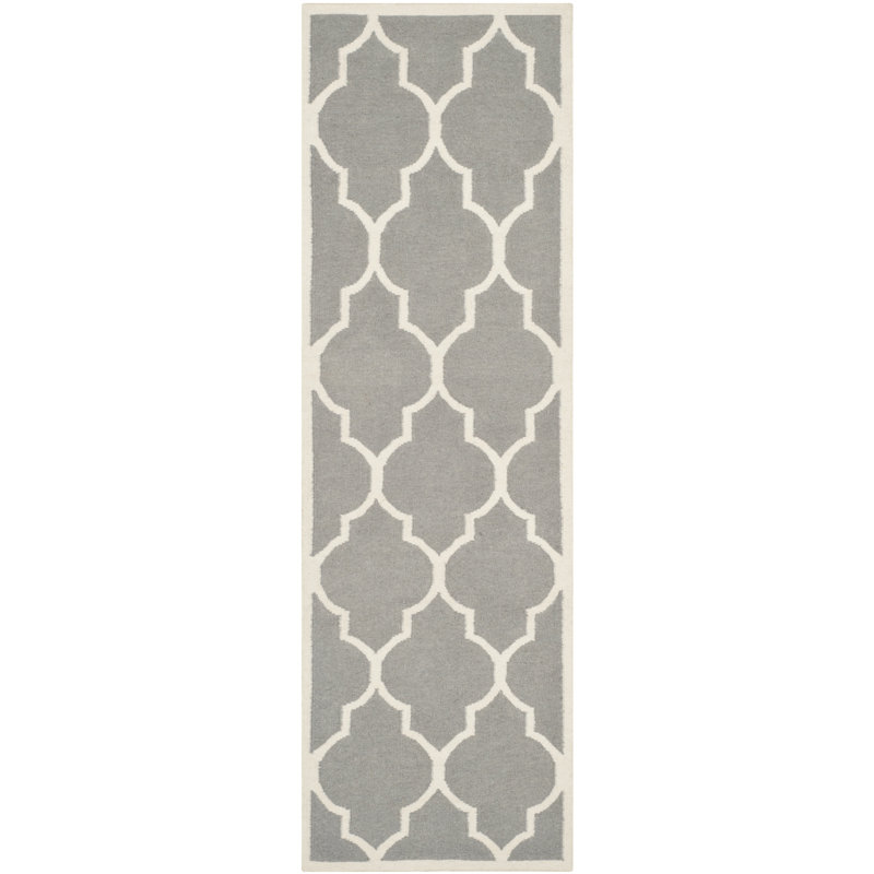 Tapis en laine / coton tissé à la main à plat Rodgers en ivoire / gris, Tapis de couloir 2 pi 6 po x 10 pi