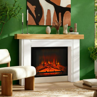 Foyer pour foyers électriques, autoportant avec pieds, esthétique moderne, surface en grain de bois naturel, panneau supérieur décoratif, qualité, installation stable, capacité de 66 lb