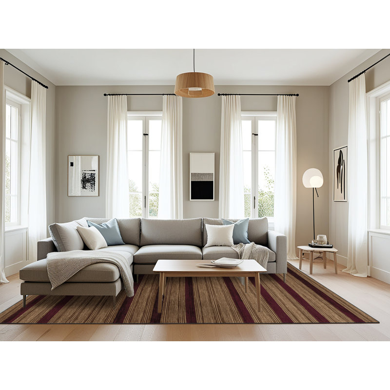 Tapis brun à rayures horizontales lavable à la machine, Rectangle 6 pi x 9 pi