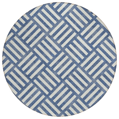 8' Navy Blue And Ivory Round Geometric Washable Indoor Outdoor Area Rug