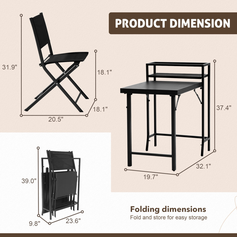 Ensemble de bistro 3 pièces, ensemble de table de patio pliable et chaises, ensemble de mobilier d'extérieur