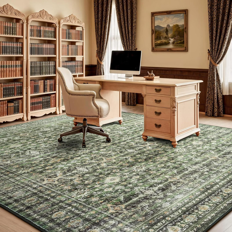 8'X10' Washable Floral Area Rug with Non-Slip Backing Green, Rectangle 8' x 10', Green