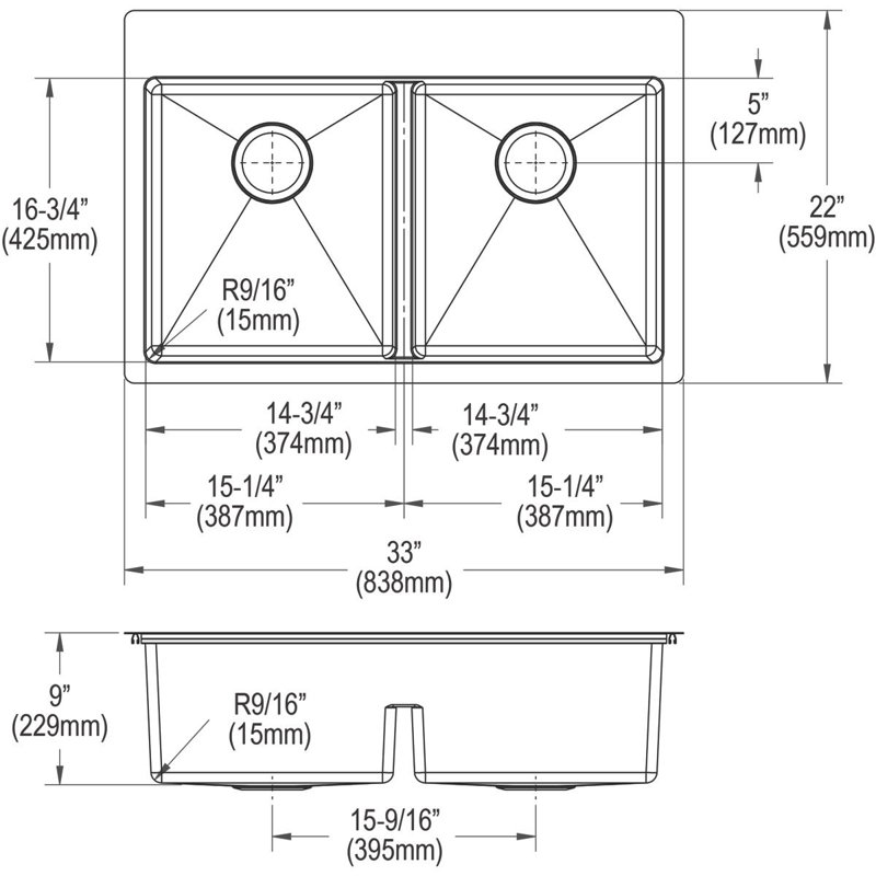 Crosstown Stainless Steel 33" L x 22" W Double Basin Dual Mount Kitchen Sink, 0 Hole