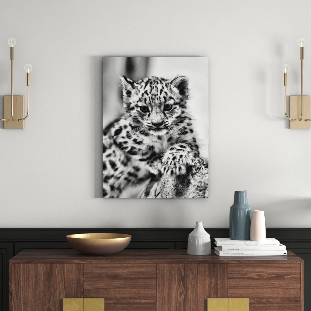 Leinwandbild Leopardenjunges beim Klettern in Monochrom