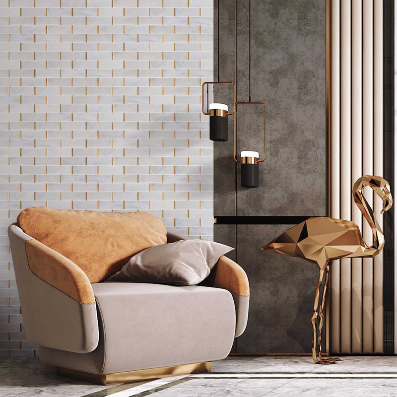Natural Bianco 2" x 6" Marble Brick Joint Mosaic Wall Tile, Gold/White