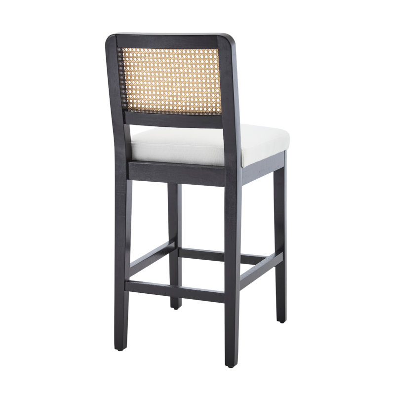 Upholstered Bar Stool with Solid Wood Frame, Black, Beige Linen