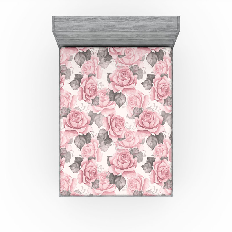 Drap-housse Ambesonne, Rose pâle, taupe, gris / floral, Drap-housse très grand californien