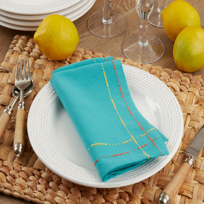 Turquoise Dobby Border Woven Cotton Cloth Napkins 18" W X 18" L, Set Of 4