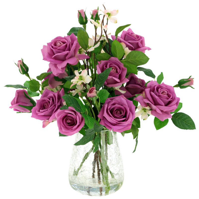 Roses In Crackle Vase - 17 Inches, Lavender