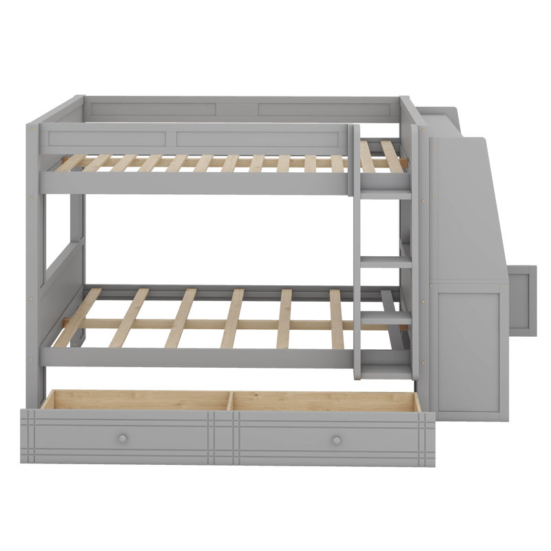 Full Size Multi-Functional Bunk Bed With Desk, Bookshelves & Storage Drawers, Grey