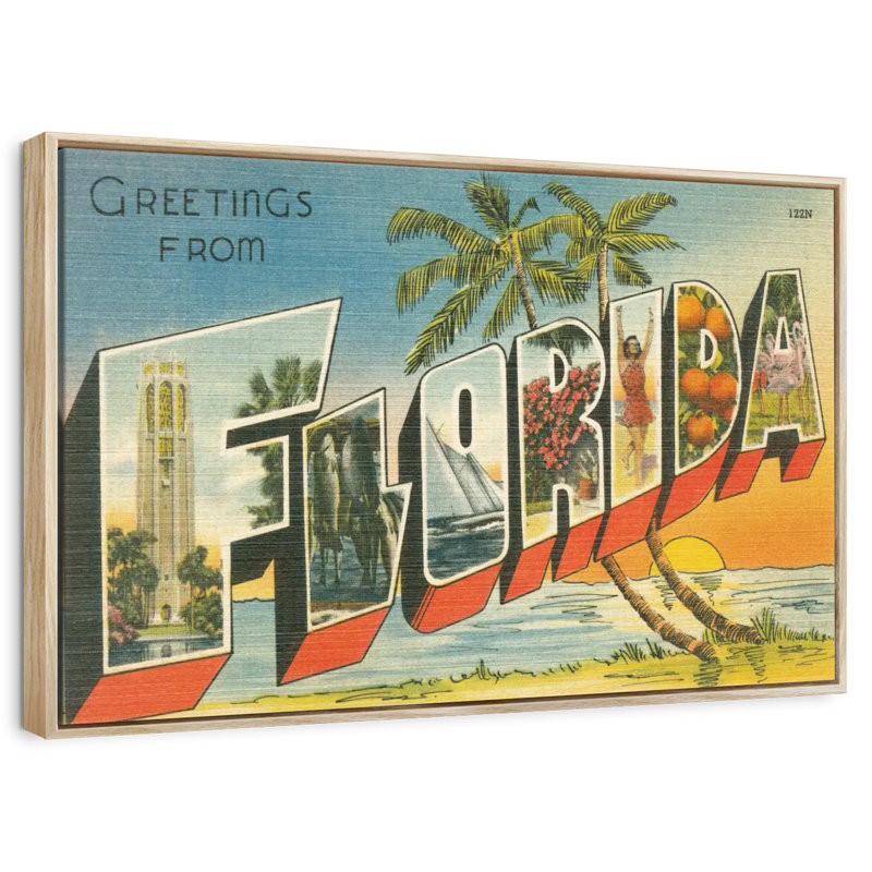 Greetings From Florida, Cadre flottant en bois naturel, 13 po x 9 po