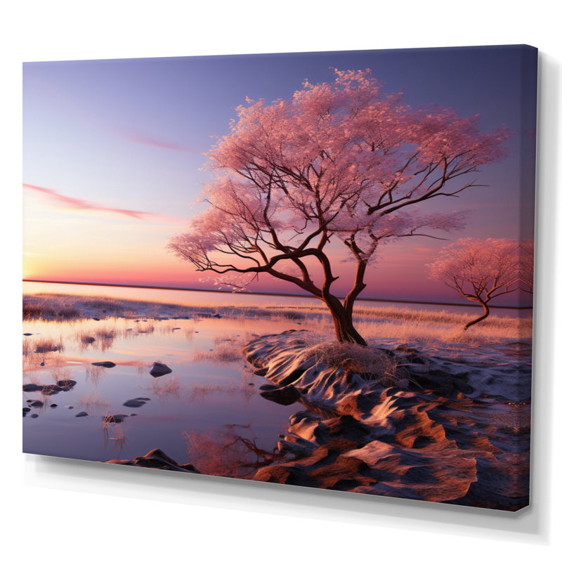 Coucher de soleil rose au crépuscule au bord du lac - reproduction, H 34 po x l 44 po x P 1,5 po, Toile tendue