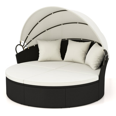 Patio Round Daybed Wicker Daybed w/ Retractable Canopy Separated Seating Sectional Sofa