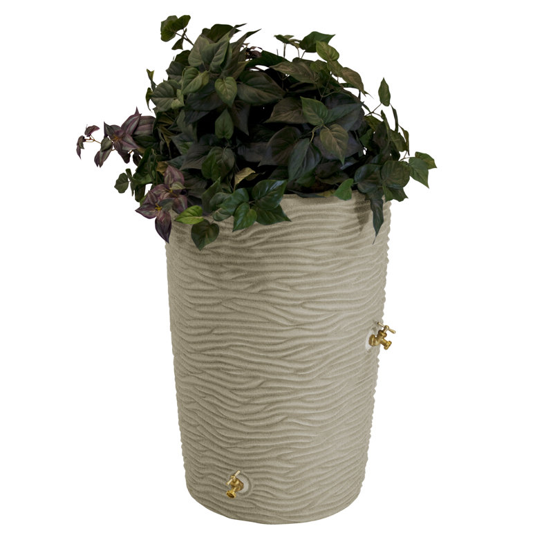 Sandstone 50-Gallon Plastic Planter Rain Barrel with Spigots