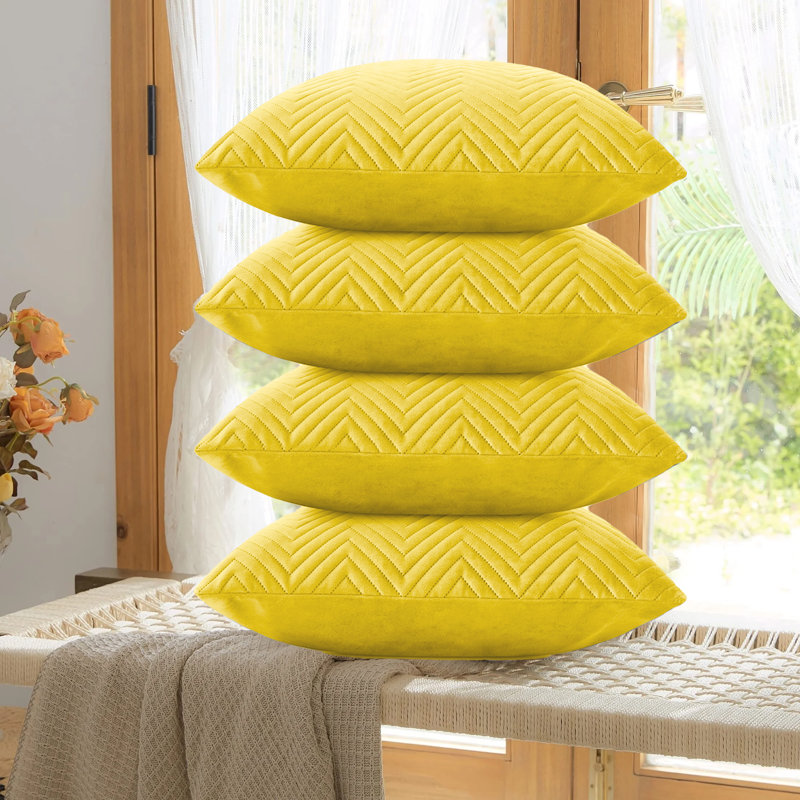 Embossed Velvet Cushion Cover (4 Piece Set), Ochre