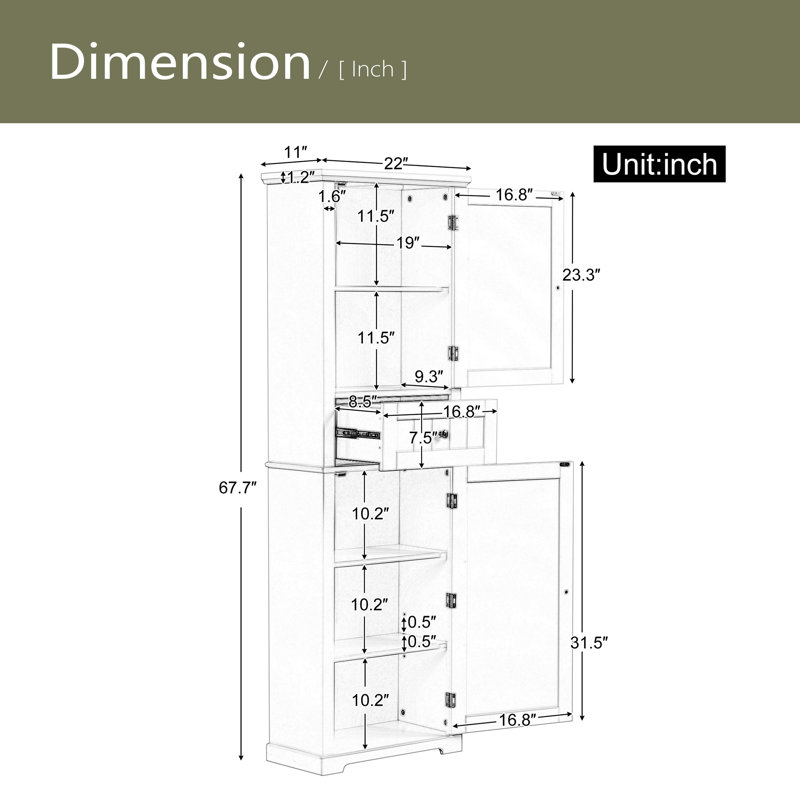 Grande armoire de rangement pour salle de bain, armoire de rangement autoportante avec tiroir et tablette réglable, Blanc