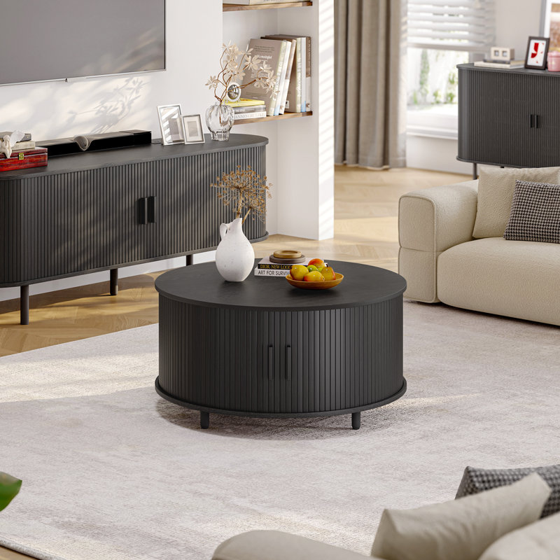 31.5" Modern Round Coffee Table With 360° Curved Sliding Door., Black