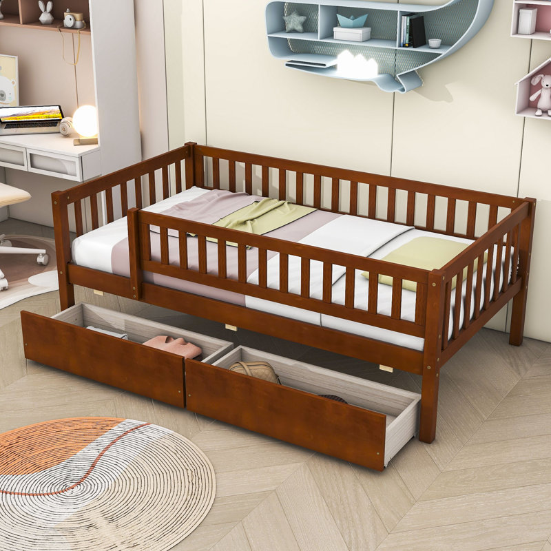Lit en bois avec deux tiroirs, Noyer, Simple