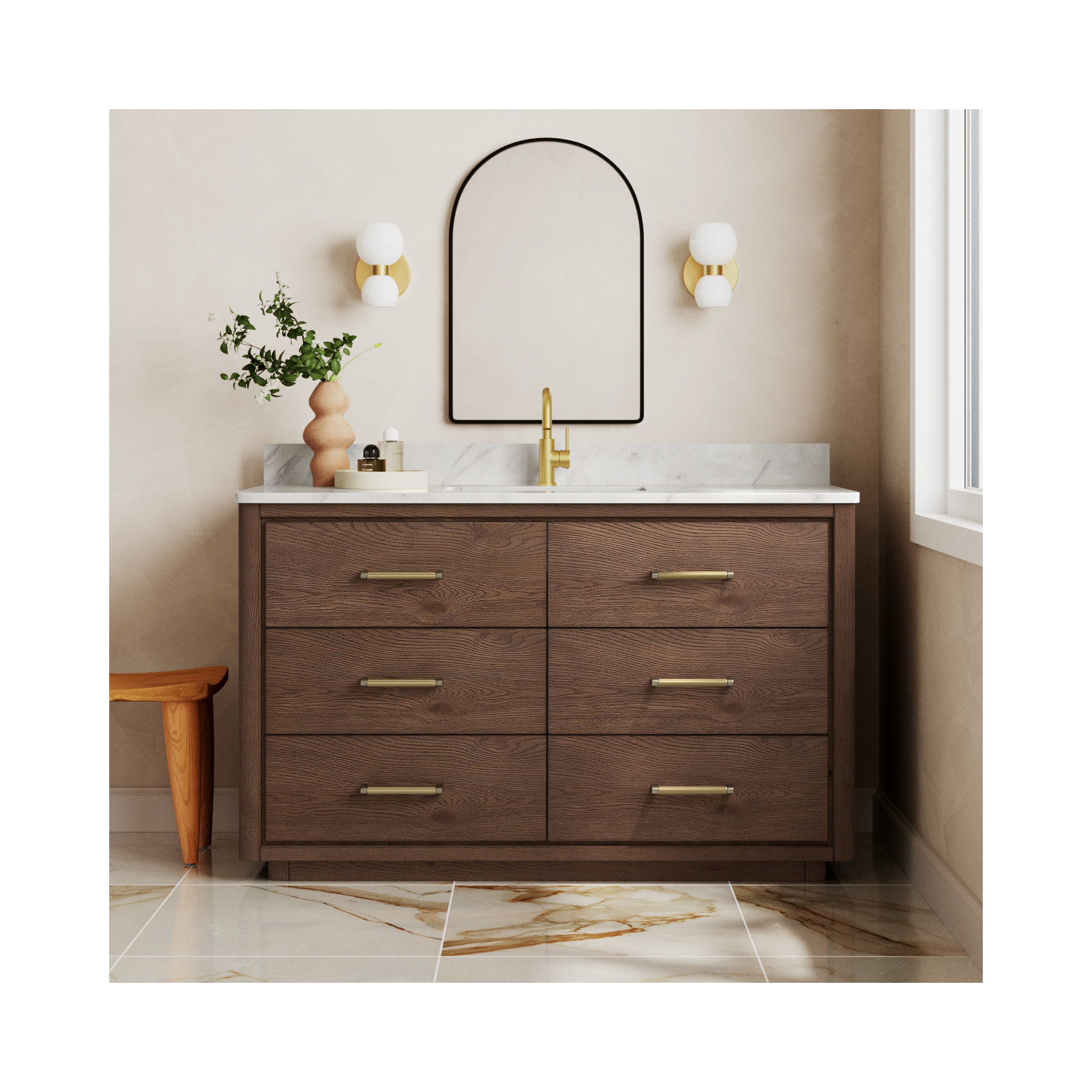 Porto 55'' Single Bathroom Vanity, Dark Brown Oak, Gold