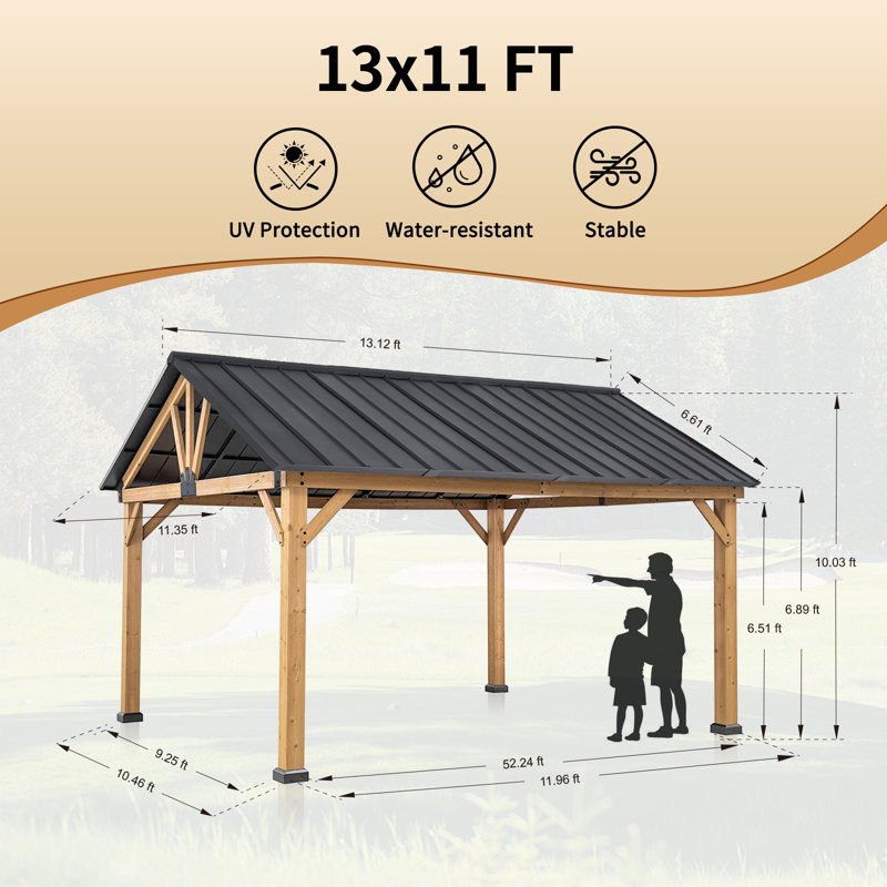 13 Ft. W x 11 Ft. D Solid Wood Hardtop Gazebo With Galvanized Steel Roof And Ceiling Hook, 120" H x 156" W x 132" D