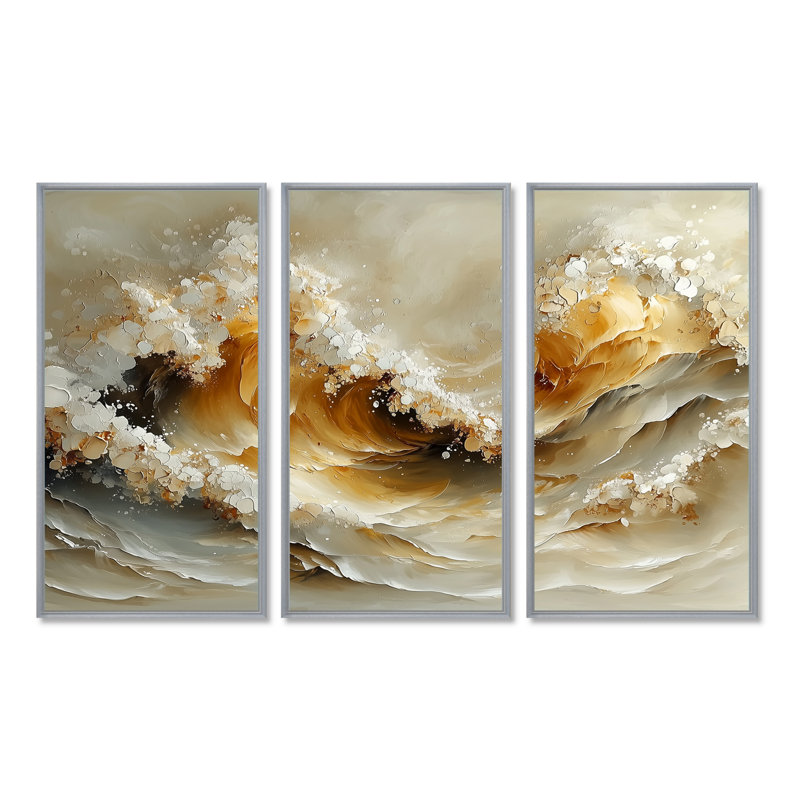 Gris et blanc, vagues océaniques en spirale III - art mural sur toile transitionnel - 3 panneaux, H 28 po x l 36 po
