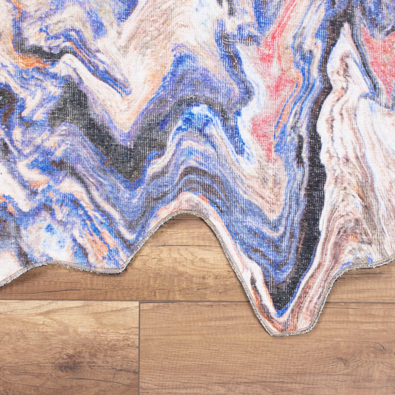 Novelty Abstract Machine Made Machine Woven Polyester Area Rug in Blue/Red/Ivory, Novelty 4'7" x 6'3"