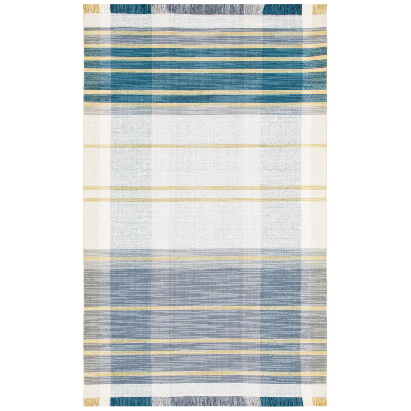 Anjail Flat Weave Wool/Cotton Plaid Rug in Teal/Beige, Rectangle 3' x 5'