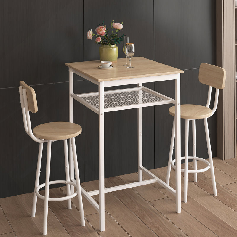Table de bar, équipée de 2 tabourets de bar, avec dossier et cloison, Blanc/chêne