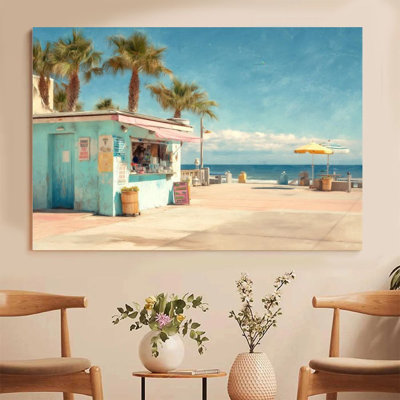 2D Flat, 1Pc Framed Canvas Wall Art, Beach Cottage, Palm Trees and Parasols, Impressionist Oil Painting Style Art Print Canvas Poster Painting Room Wall Decor, Ideal Gift For Bedroom Living Room Hallway Dorm, Ready To Hang