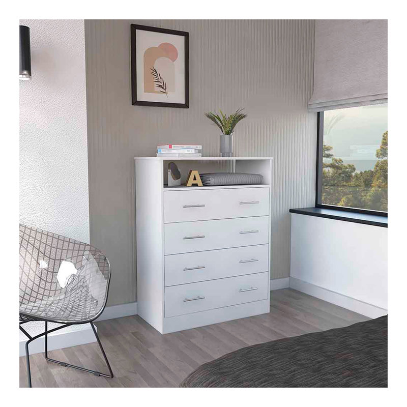 Commode 4 tiroirs Pérou, plateau supérieur, 1 tablette ouverte - blanc