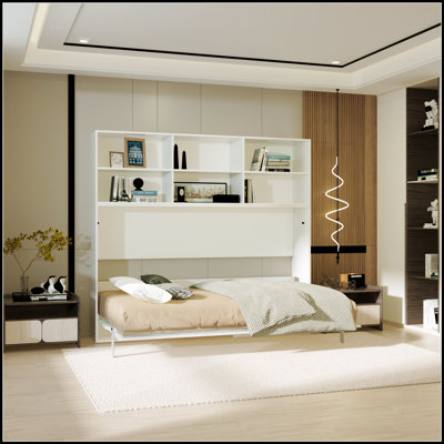 Modern Design Horizontal Murphy Bed with Shelf Storage, Space-Saving and Functional for Compact Bedrooms and Guest Rooms.