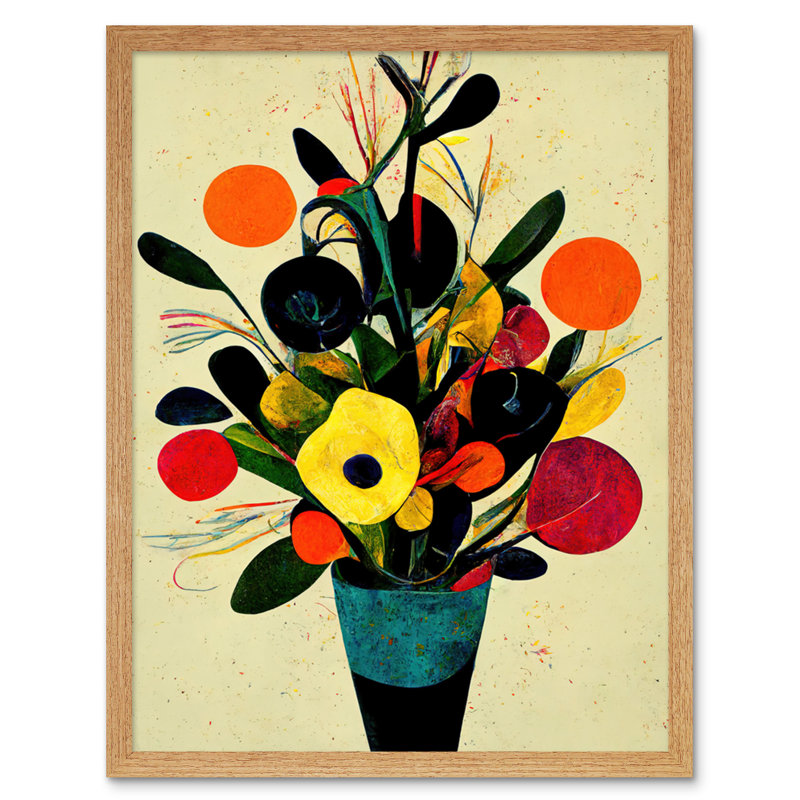 Autumnal Flower Bouquet Vase Midcentury Abstract - Painting, Light Brown Framed Paper, 25.9cm H x 20.6cm W