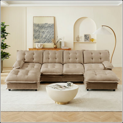 Canapé d'angle modulaire moderne avec assises profondes en chenille et coussins en treillis pour les grands espaces de vie