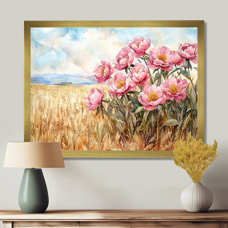 Inde pivoines dans le champ de blé I - pivoines, art mural, H 34 po x l 44 po, Reproduction encadrée, Doré