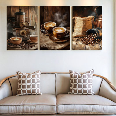 3 Pieces Rustic Coffee-Themed Large Wall Art with Steaming Cups and Antique Grinder, Three Pieces Wall Art for Living Room, Bedroom, and Office Decor