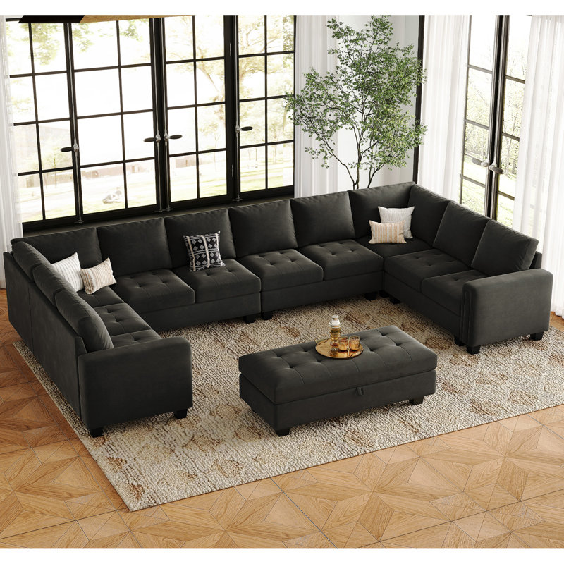 Shavera 155.8" W Velvet Upholstered 8-Person Sectional with Ottoman, Gray Velvet