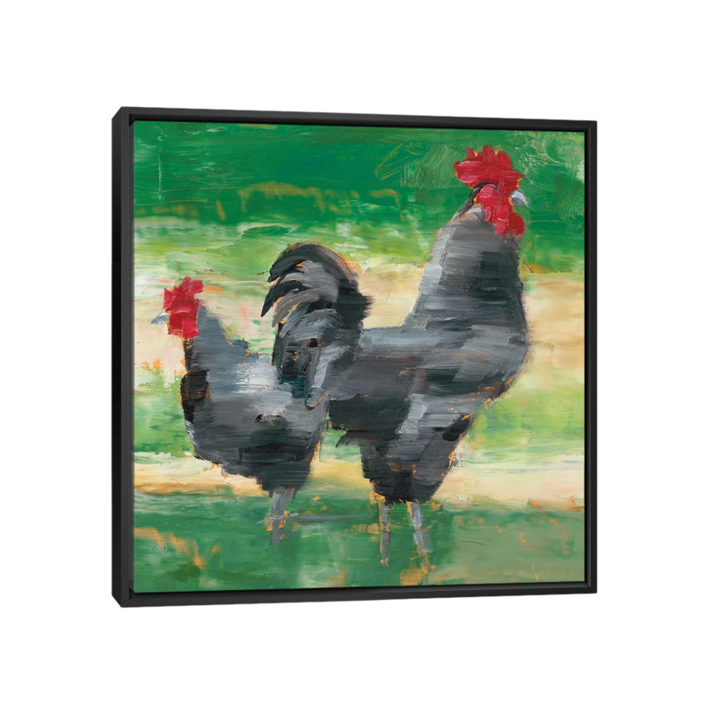 «Black Rooster & Hen I» par Ethan Harper - reproduction d'art, H 37 po x l 37 po x P 1,5 po, Toile avec cadre noir