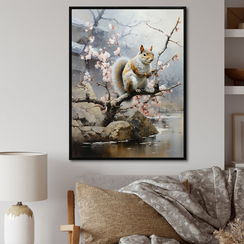 Écureuil sur fleur de cerisier rose 1 - Écureuil, art mural animal, Cadre flottant noir, H 40 po x l 30 po x P 1,5 po