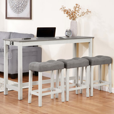 Ensemble de table de bar 4 pièces avec prise de courant, ensemble de table de bar avec chaises, table de bar avec tabourets, table de canapé avec 3 tabourets rembourrés