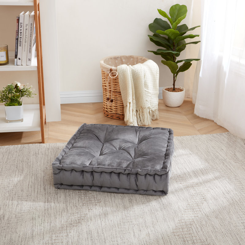 Gray Square Tufted Faux Velvet Floor Pillow