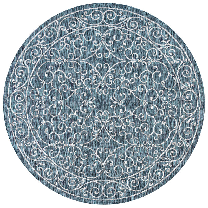 Hagerman Vintage Filigree Textured Weave Teal/Gray Indoor/Outdoor Rug, Round 7'9"