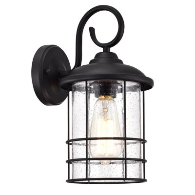 Beazer Matte Black 12.4'' H Seeded Glass Outdoor Wall Lantern -  Breakwater Bay, 63796658065446E2B581CE23B2A755B8