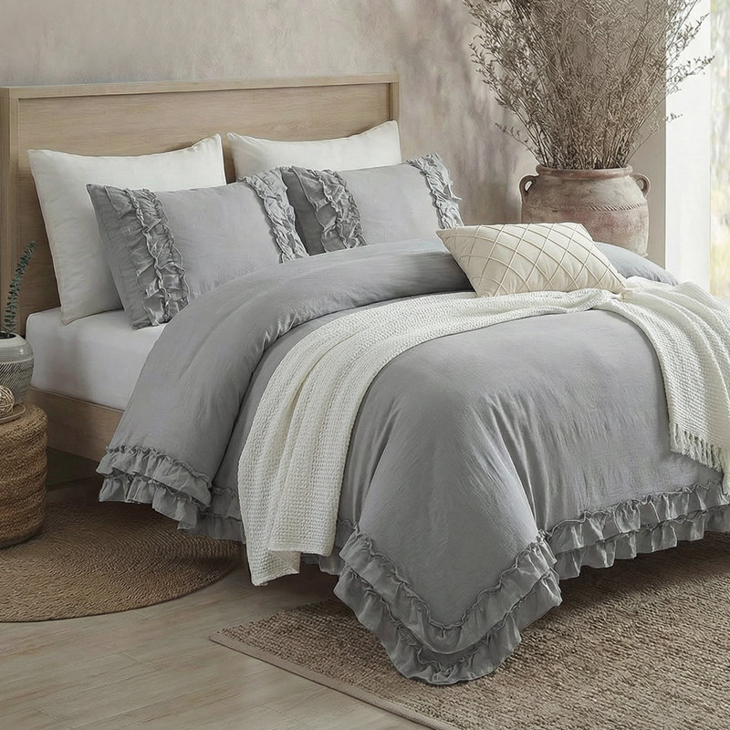 Ensemble de literie à housse de couette à volants et à volants, Housse de couette grand + 2 taies d'oreiller, Gris