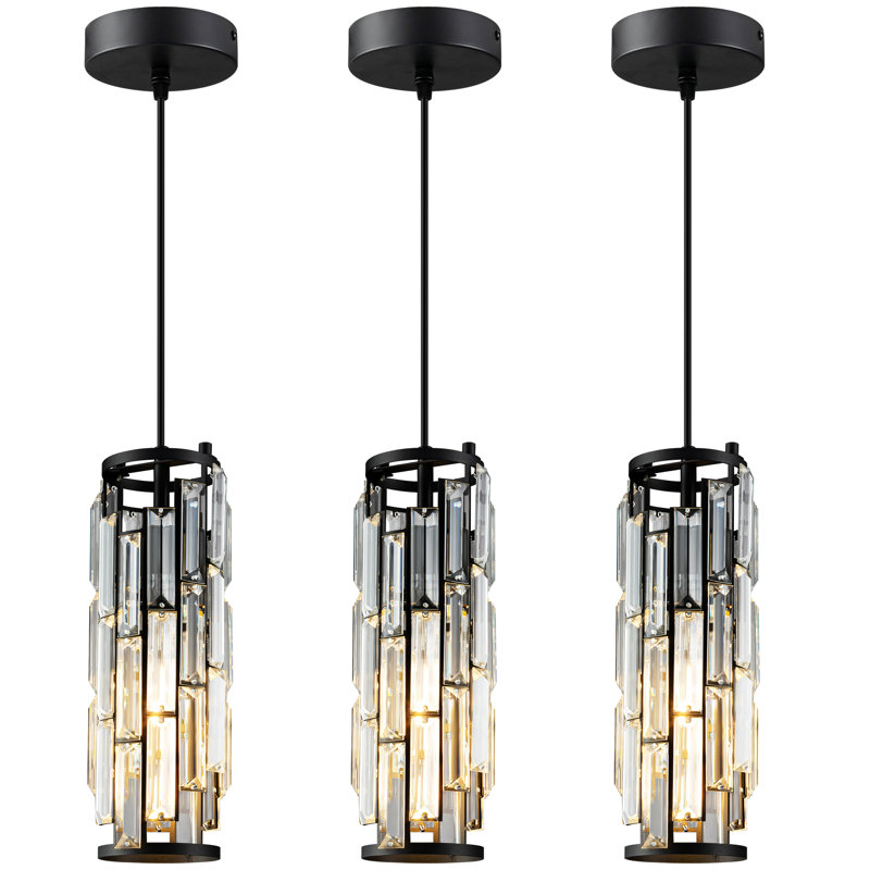 Taveyon Crystal Cylinder Pendant Lights Kitchen Island, Matte Black, 3 Lights