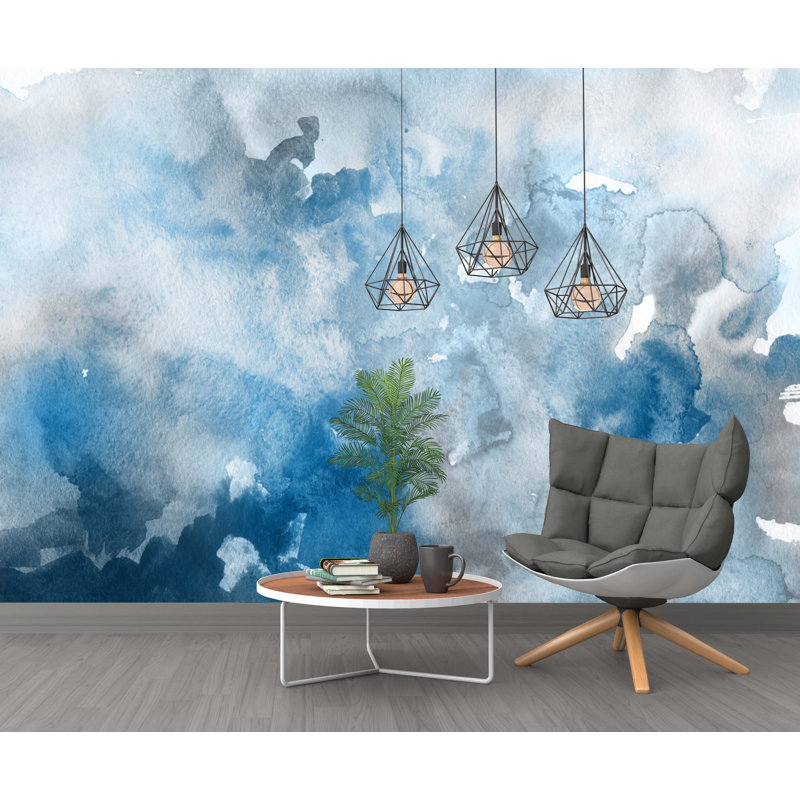Watercolor Art Design Abstract Dark Blue White And Grey Removable Wallpaper, 98.04" L x 150" W