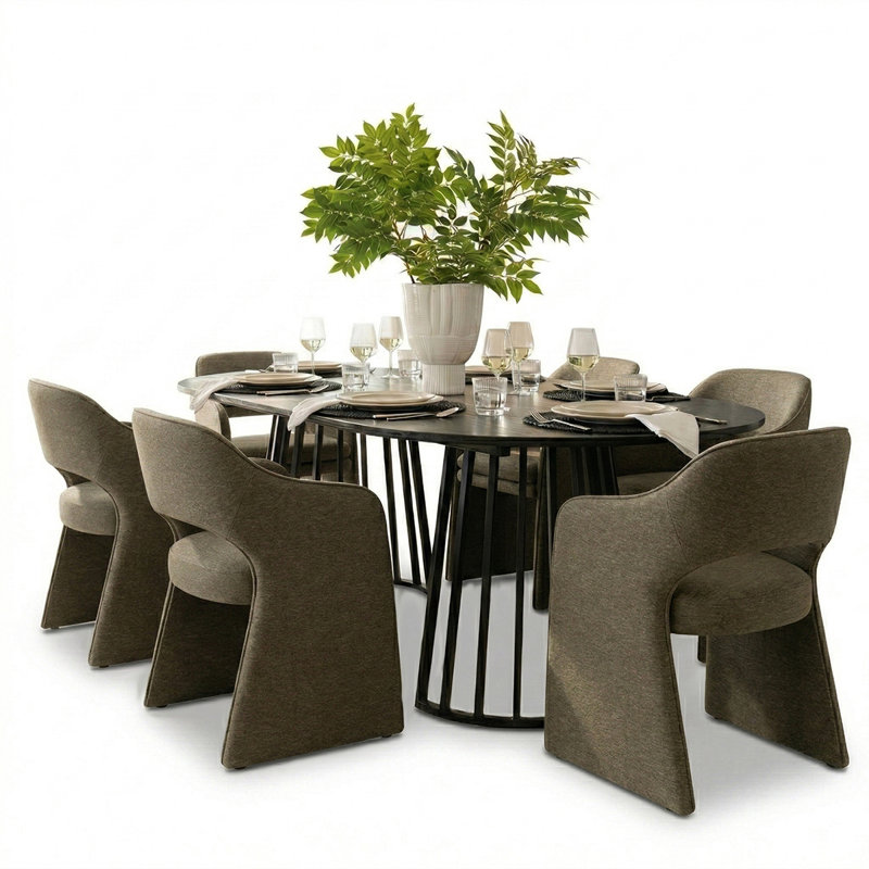 6 - Person Dining Table Sets With Extendable Table & 6 Upholstered Waterproof Chairs, Olive Green