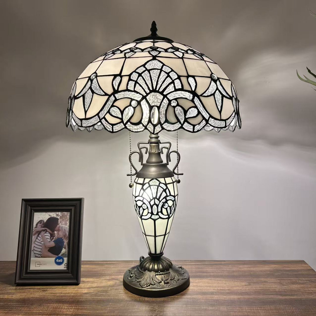 Simonson Tiffany Table Lamp Stained Glass Shade And Base Baroque Style Lavender LED Bulbs 24"H*16"W*16"D Fleur De Lis Living Shade 